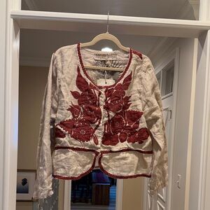 Magnolia Pearl Natural Linen jacket with burgundy floral appliqués (bw)